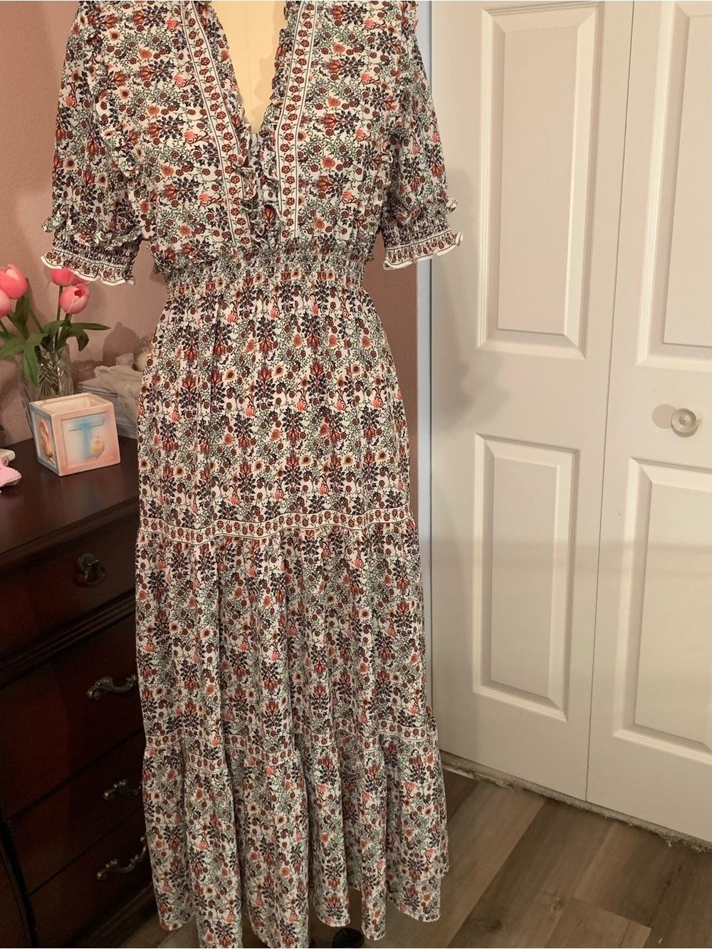 MAX STUDIO Floral Smocked Waist Maxi Dress - White & Rust